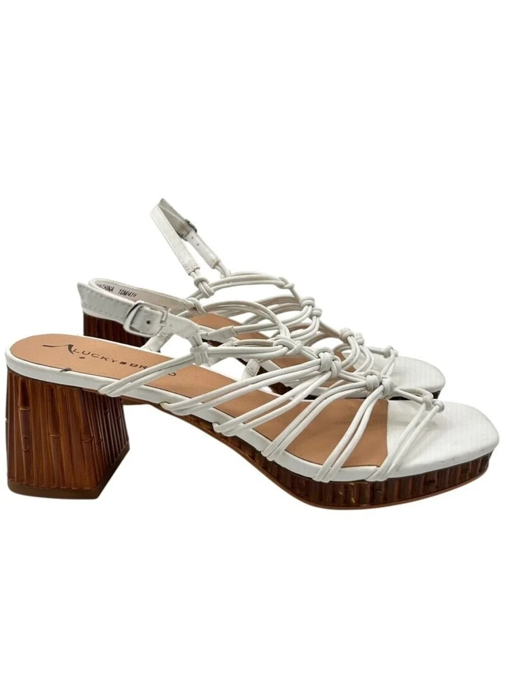 Lucky Brand Bassie White Strappy Knotted Bamboo Block Heel Sandal Women Size 10M